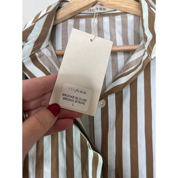 NWT The Femm Long Sleeve Brooke Stripe Ruffle Poplin Blouse Top Brown and Cream - Picture 5 of 8